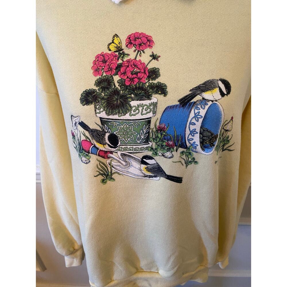 Vintage Morning Sun Cottagecore Yellow Crewneck Peter Pan Collar Bird & Floral - Picture 3 of 8
